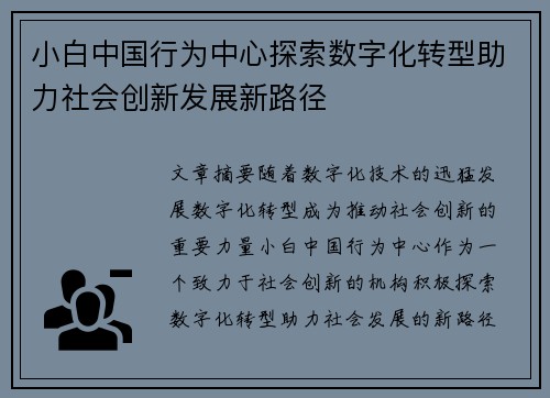 小白中国行为中心探索数字化转型助力社会创新发展新路径